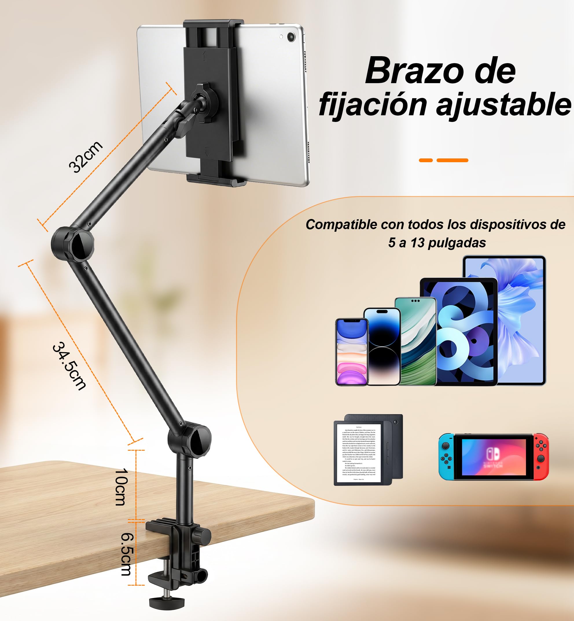 Soporte Tablet, Soporte movil Cama, Base giratoria de 360°, Soporte de Cama para tabletas Compatible con iPad, Galaxy Tab, Switch, Kindle, iPhone y Otros Dispositivos de 5 a 13 Pulgadas