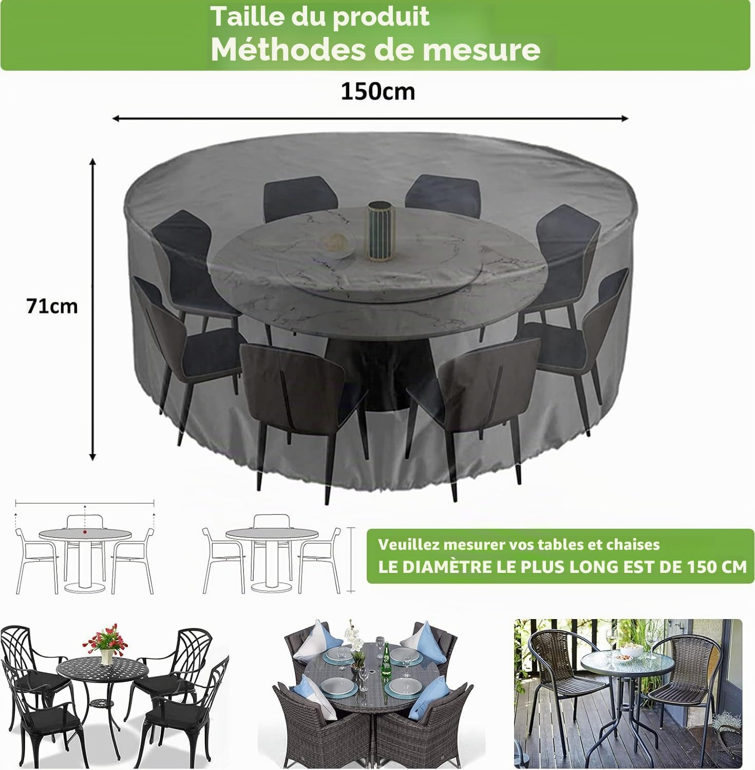 Enzeno Housse de table de jardin ronde imperméable, coupe-vent, anti-UV, tissu Oxford 420D, grille d'aération, 4 sangles Velcro (150 x 71 cm)