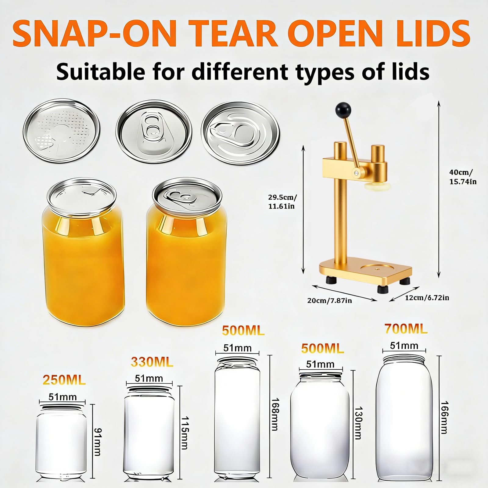 Máquina de sellado manual de latas: tapadora compacta de prensa manual para uso doméstico y comercial, altura ajustable, abridor de botellas multifuncional para latas de 250-700 ml