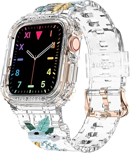 amBand MF Sport Case with Bands Compatible with Apple Watch Series 87 (45mm) and Series SE2SE654 (44mm) Series 3 (42mm) Men Women Flower