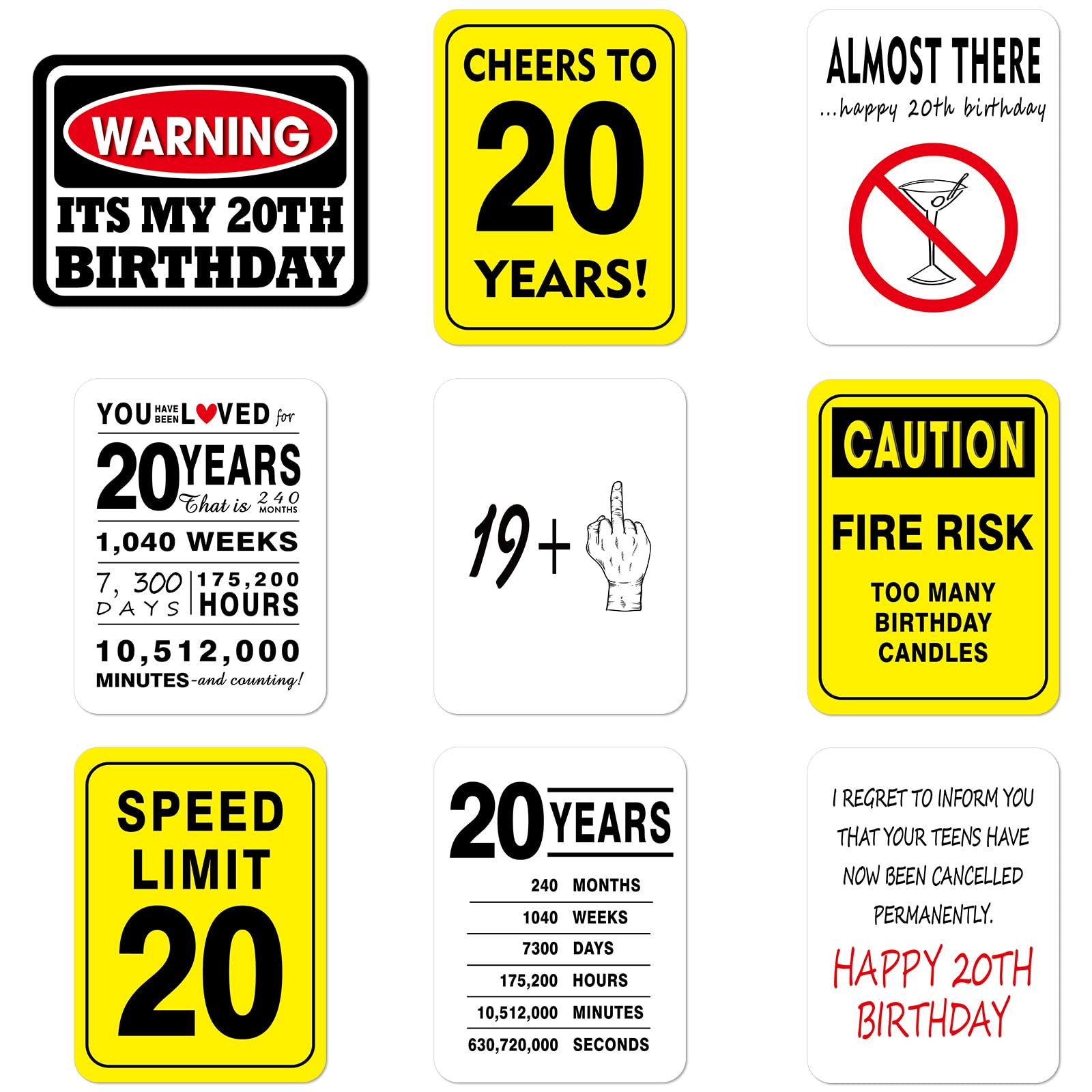 Photo 1 of WERNNSAI 20th Birthday Party Decorations - 9PCS Wall Signs Funny Tags for Adults 20 Years Old Party Decor 20th Party Banner Table Centerpieces Door Wall Windows Signs Picture Props for Men Women