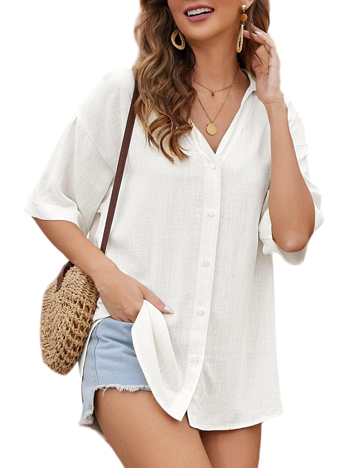 PASUDAWomen's Blouse Short Sleeve Linen Shirt Summer V Neck Top Solid Color Button Down T-Shirt Ladies Casual Basic Loose Tunic Tops
