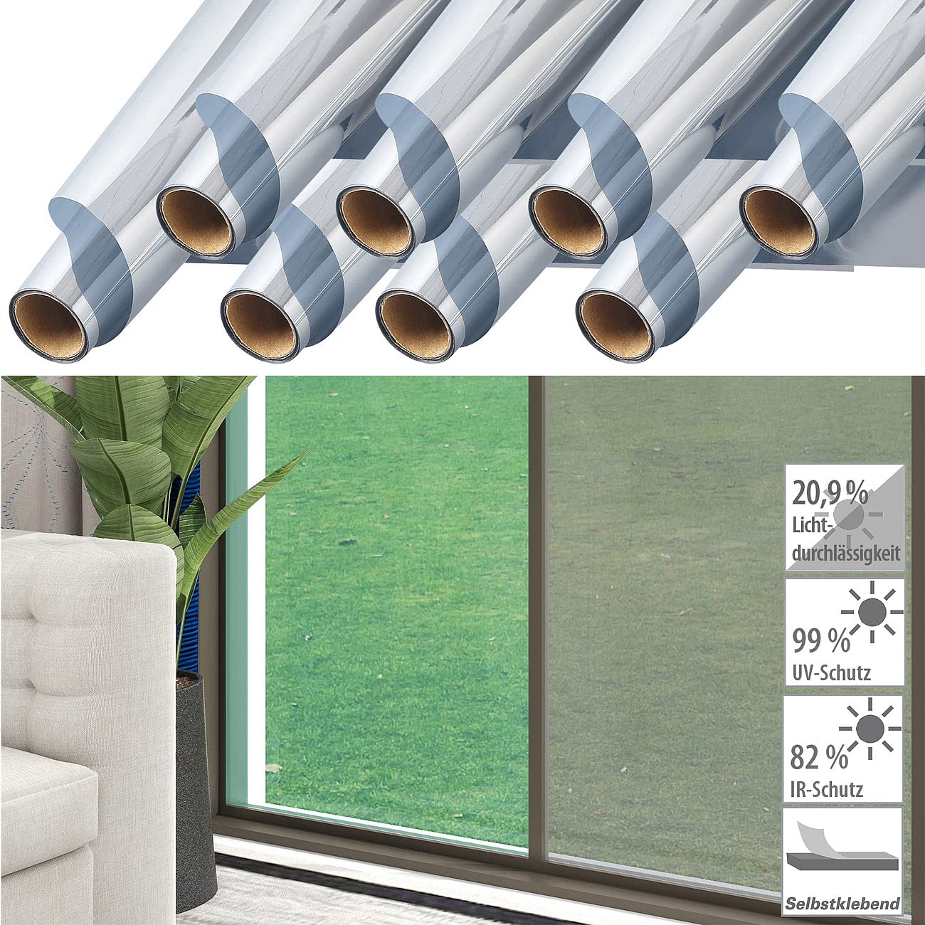 infactory Sonnenschutzfolie: 8er-Set Isolier-Spiegelfolie, selbstklebend, Sicht-/UV-Schutz,60x200cm (Sonnenschutzfolie Fenster, Spiegelfolie Fenster Sichtschutz, innen)