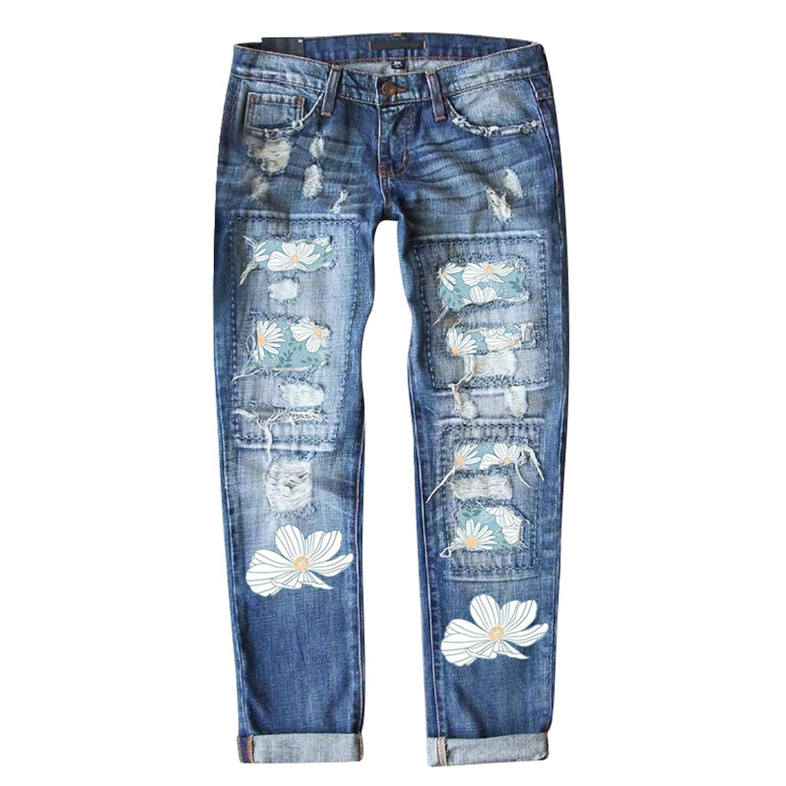 Vaqueros Para Mujer Elásticos Bolsillos Pantalones Trabajo Bootcut Bolsillo Deportes Campana Elefante de con Estampado Floral Moderno y Detalles Roturas en Rodilla Ajustados Elegantes Comodos