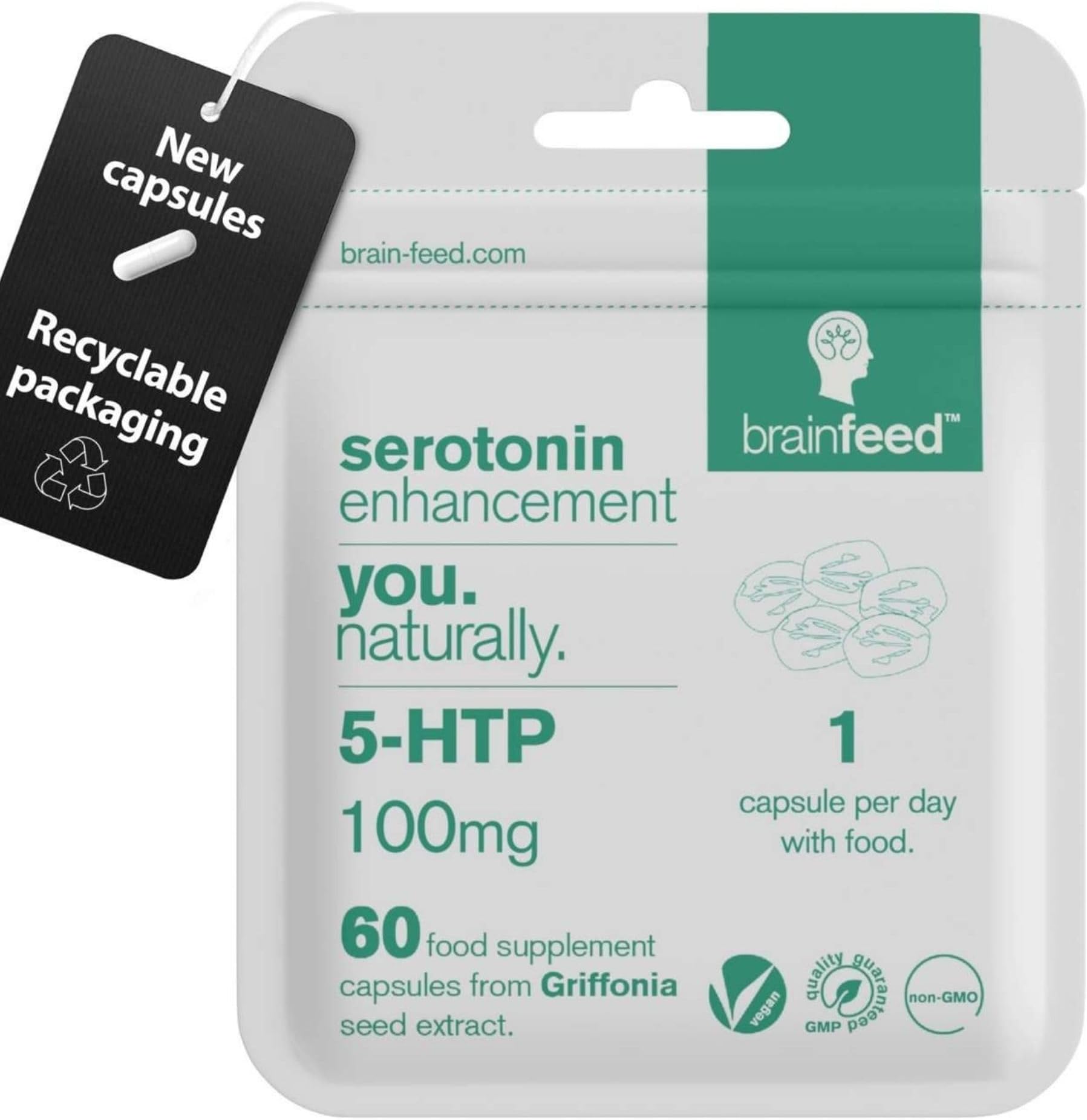 5 HTP Supplement | 60 x 5HTP High Strength Capsules -1 A Day | Natural 5htp 100mg from Griffonia Seed Extract | Serotonin Supplements | Mood Booster | UK Manufactured