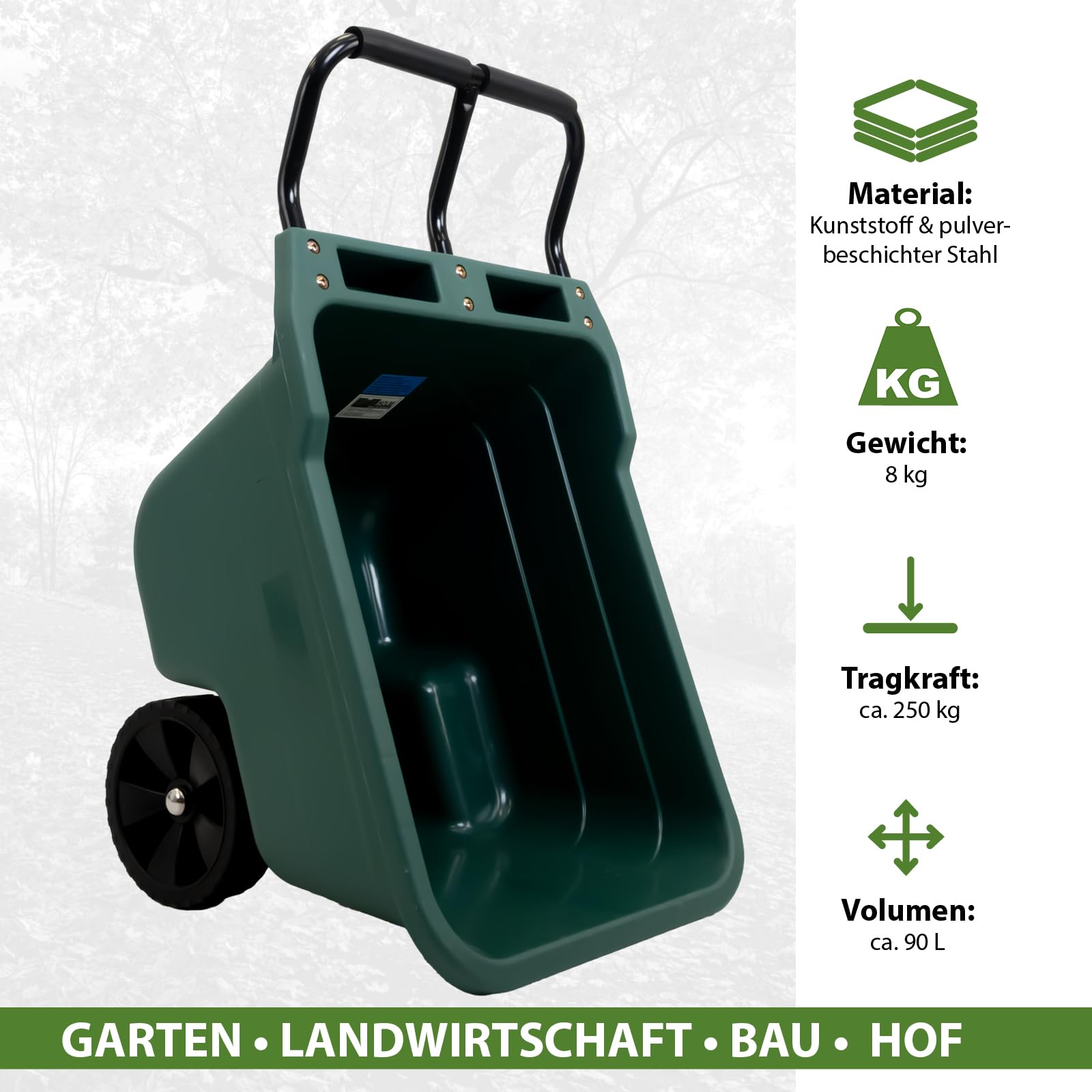 TRUTZHOLM Gartenwagen Transportwagen Schubkarre 250 kg Tragkraft – robuste Kunststoffwanne 98x55x64 cm, Stahlgriff grau gepolstert, 8 kg Gewicht, kippsicher, ideal für Erde, Laub, Holz, Einhandkarre
