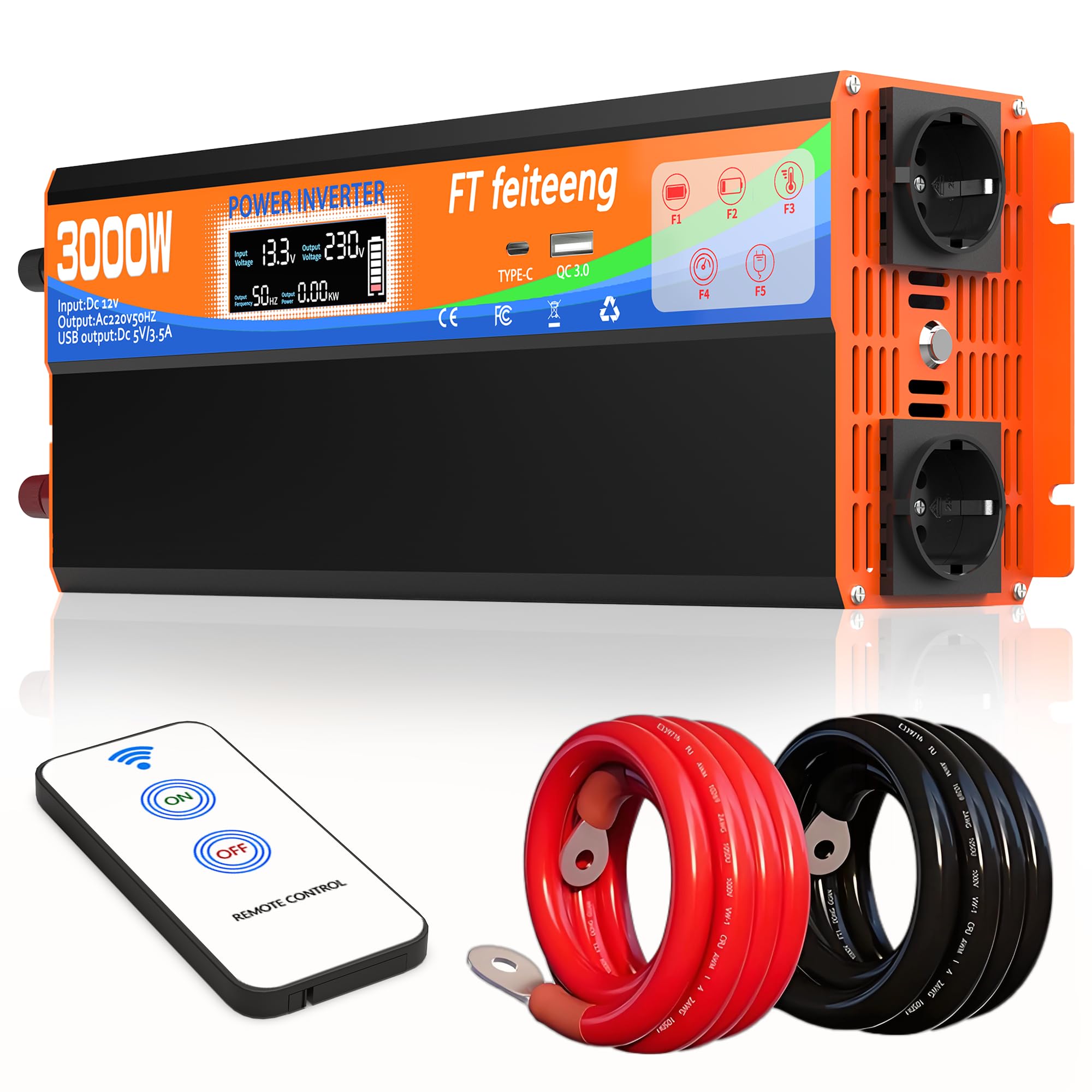 3000W Wechselrichter 12V auf 230V Spannungswandler mit 2 Europäische Steckdose und USB-C-Anschluss und QC 3.0-Hafen LCD Spannungsanzeige，Für Wohnmobil Haushaltsgeräten