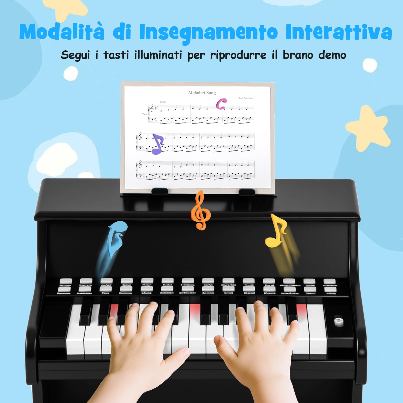 COSTWAY Tastiera Pianoforte per Bambini a 25 Tasti, Mini Pianoforte Digitale Giocattolo, con Velocità e Volume Regolabili, Tasto Luminoso e Leggio Rimovibile, per Ragazzi 3+ Anni (Nero)