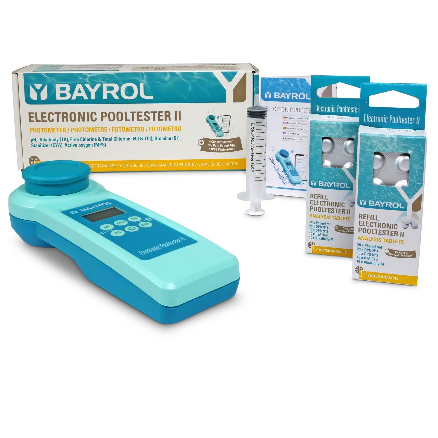 BAYROL Elektronischer Pooltester II Set mit Refill-Pack & Bluetooth | Digitales Photometer mit App-Anbindung, 140 Testtabletten und Analyse von bis zu 13 Wasserparametern