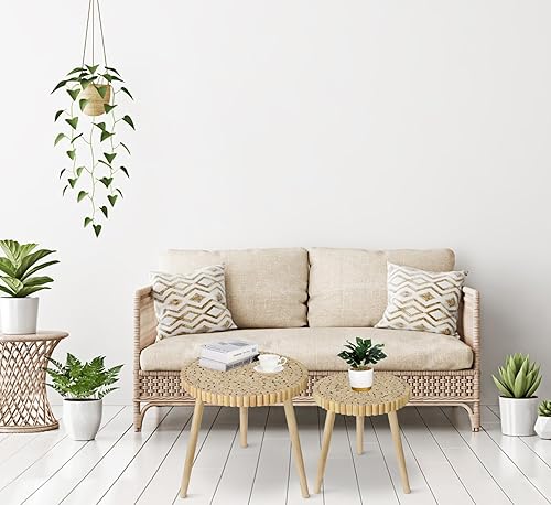 Miniatura 33 de Juego de 2 mesas de centro redondas modernas, de mediados de siglo, mesa de centro pequeña de granja, mesita de noche de madera, mesa auxiliar