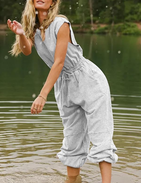 Flygo Womens Casual Jumpsuit Crewneck One Piece Outfits LightGrey M by Flygo - Used condition - Image 5