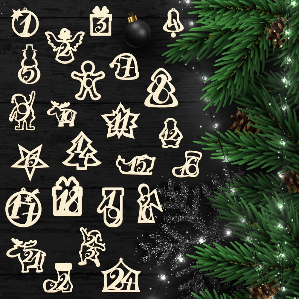 Calendario de Adviento de madera con números, decoración para manualidades, 5 – 20 cm, tamaño: 17 cm, adornos navideños: juego con 24 unidades