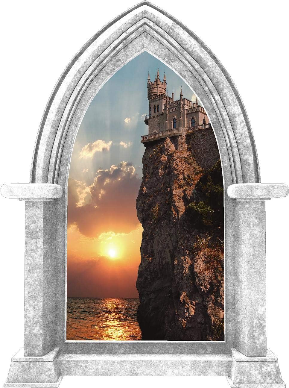 36" Castle Scape Cliffs Edge at Sea Sunset #1 Marble Window Wall Decal Instant View Sticker Mural Medieval Fantasy Fictional Fairy Tale Decor Kids Room Wall Art Decor