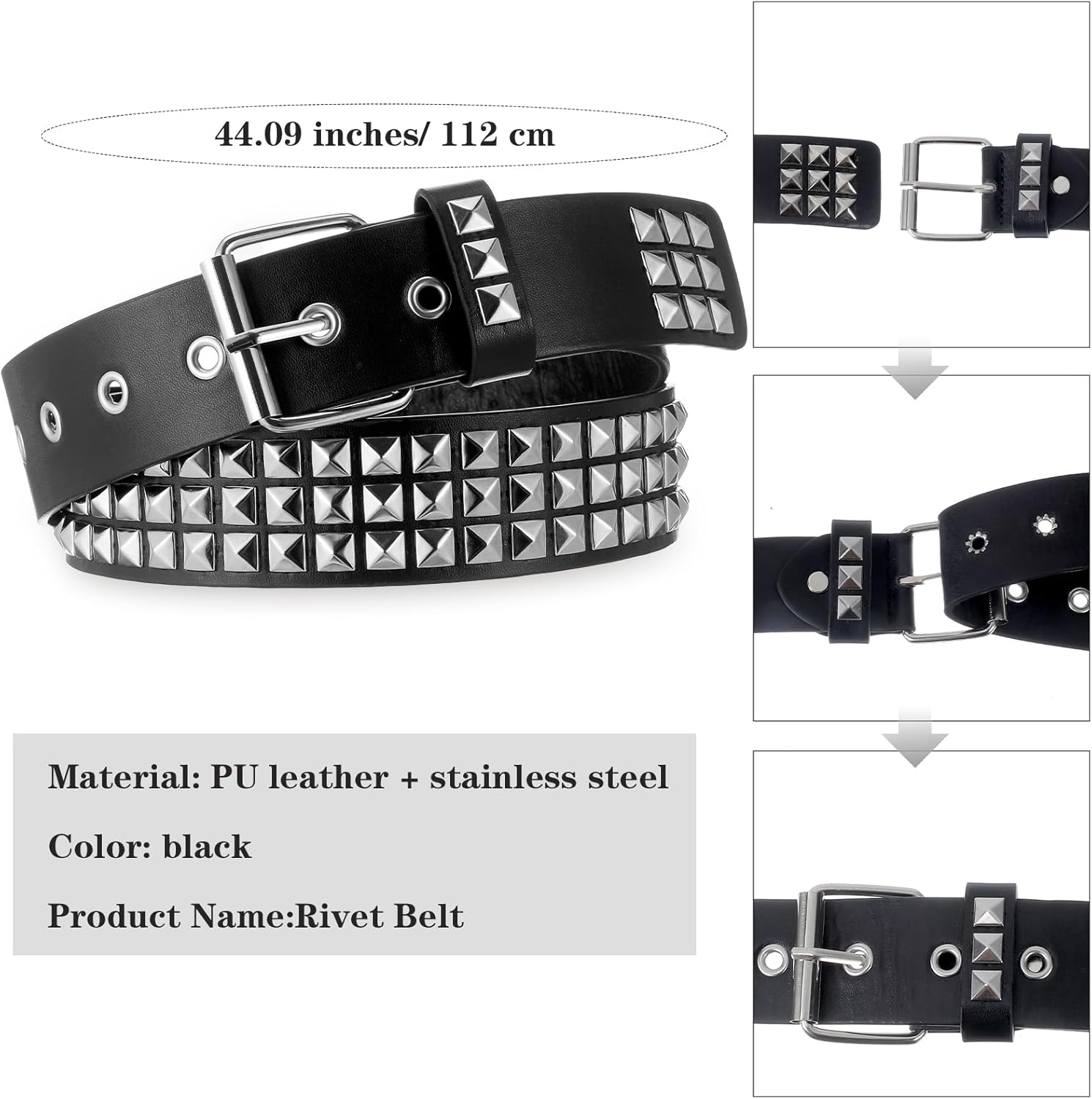 Teaaha Black Studded Belt, Punk Rock Metal Belt with Pyramid Studs for Men and Women, Gothic Studded Belts, Perfect Punk Belts Accessory (Fit Pant 27-40 inch) - Image 2