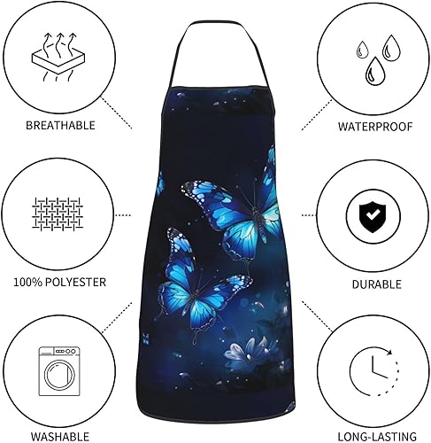 Miniatura 5 de Unisex Apron With Pocket, Dark Blue Butterflies Print Chef Apron For Cooking, Bbq & Crafts, Spillproof Kitchen Protection Bib With Large Utility