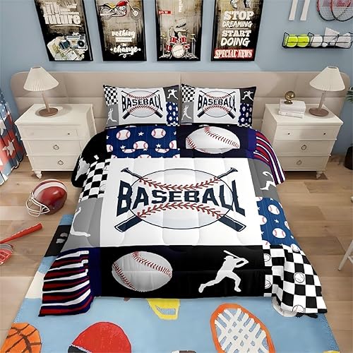 Erosebridal Juego de edredón de béisbol  Juego de edredón de béisbol para niños y adolescentes, tamaño Queen, juego de edredón geométrico a cuadros