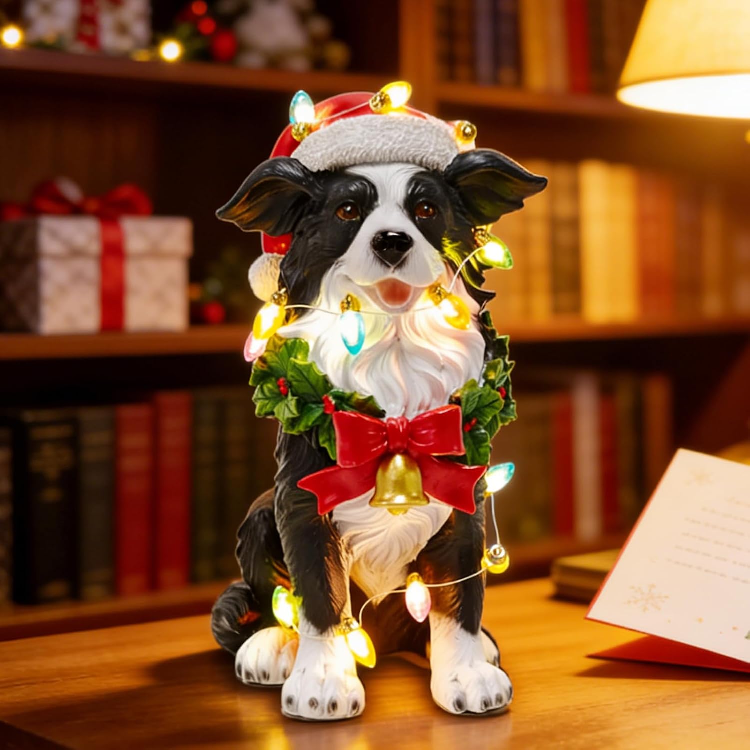 COWOS Festive Border Collie Sculpture with Santa Hat - Christmas Dog Decor for Mantel and Tabletop - Cheerful for Border Collie Owners