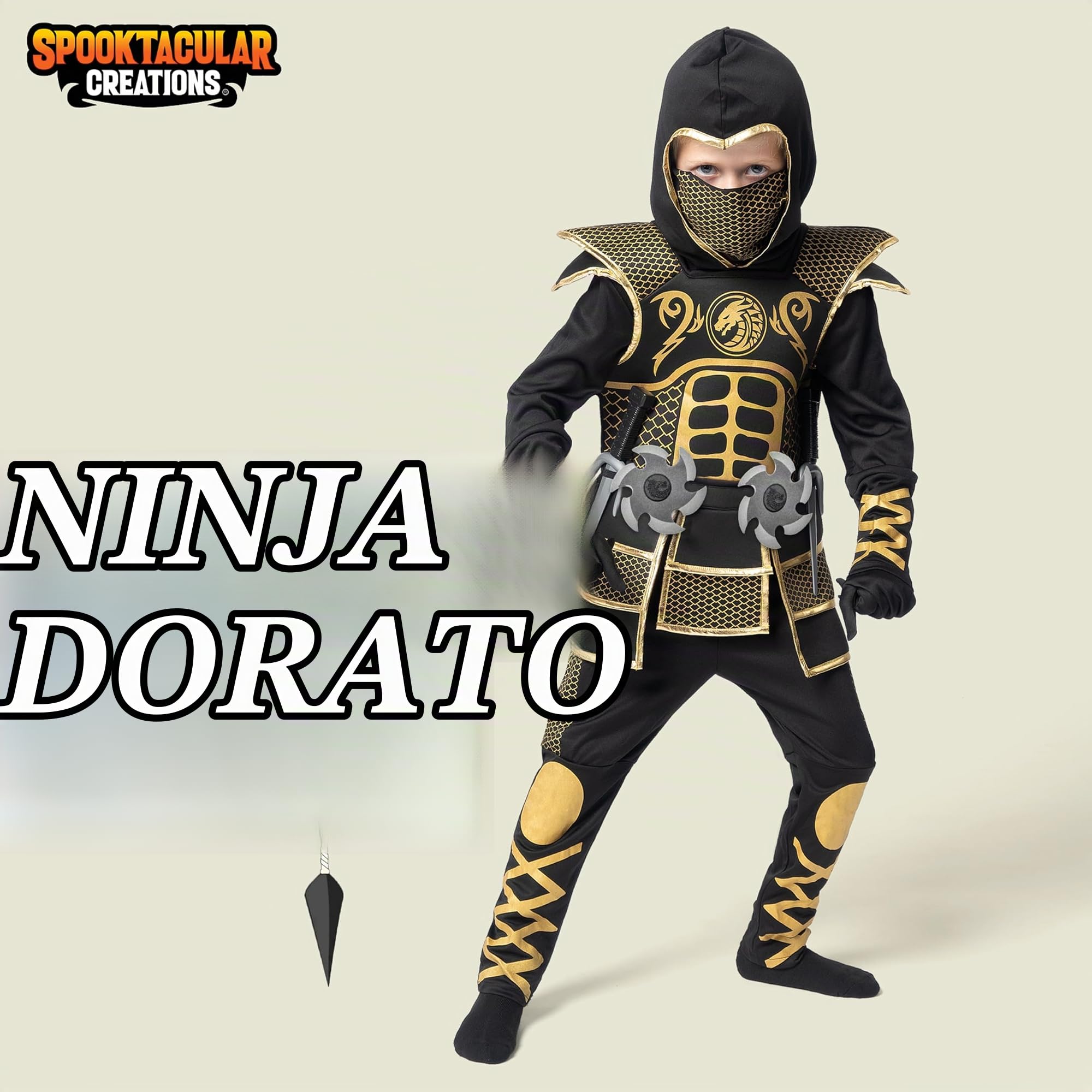 Spooktacular Creations Costume Ninja d'oro per ragazzi, set di costumi Ninja per bambini con armatura d'oro e modelli per Halloween Costume Ninja Dress Up Party