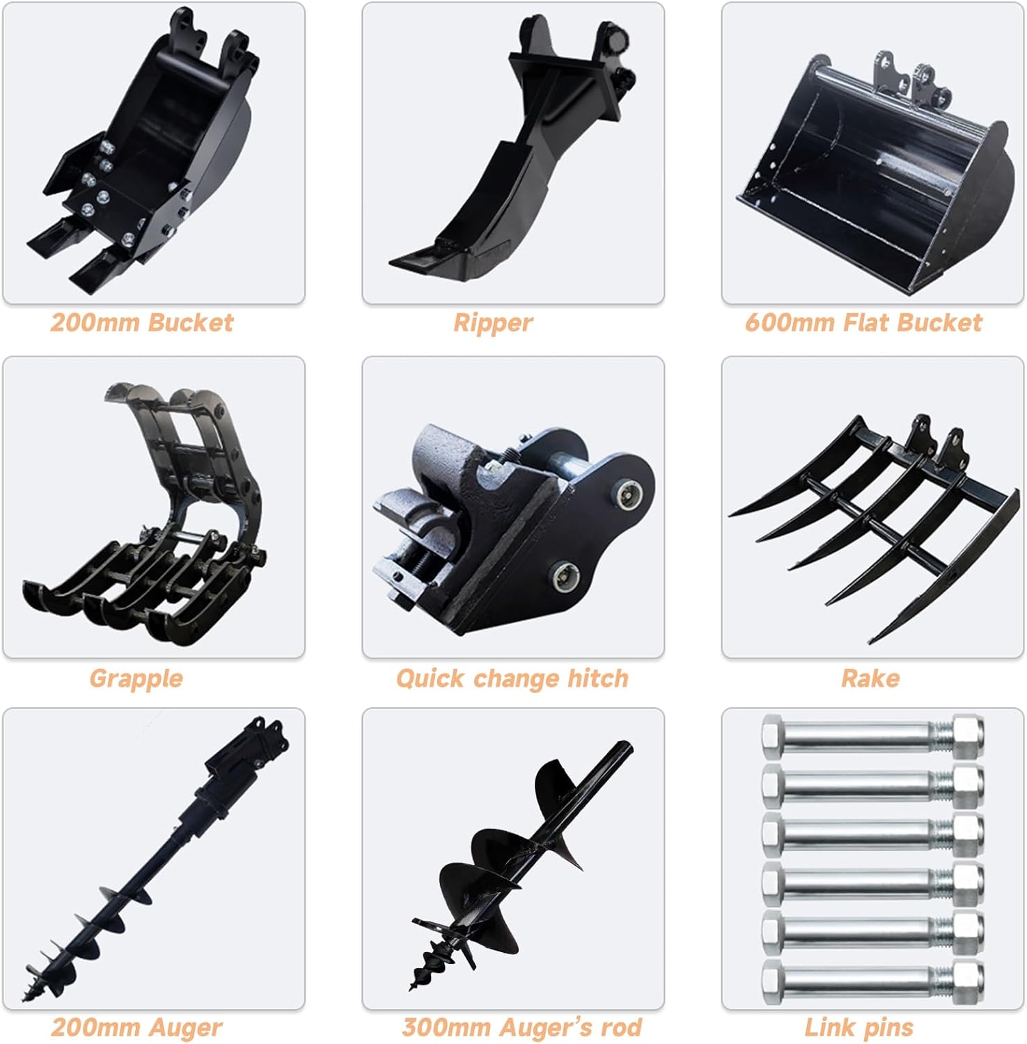 Mini Excavator Attachments with Narrow Bucket, Ripper, Rake, Auger, Grapple, Quick Change Hitch, Total 8pcs Excavator Accessories Bundle Kit, USA Stock
