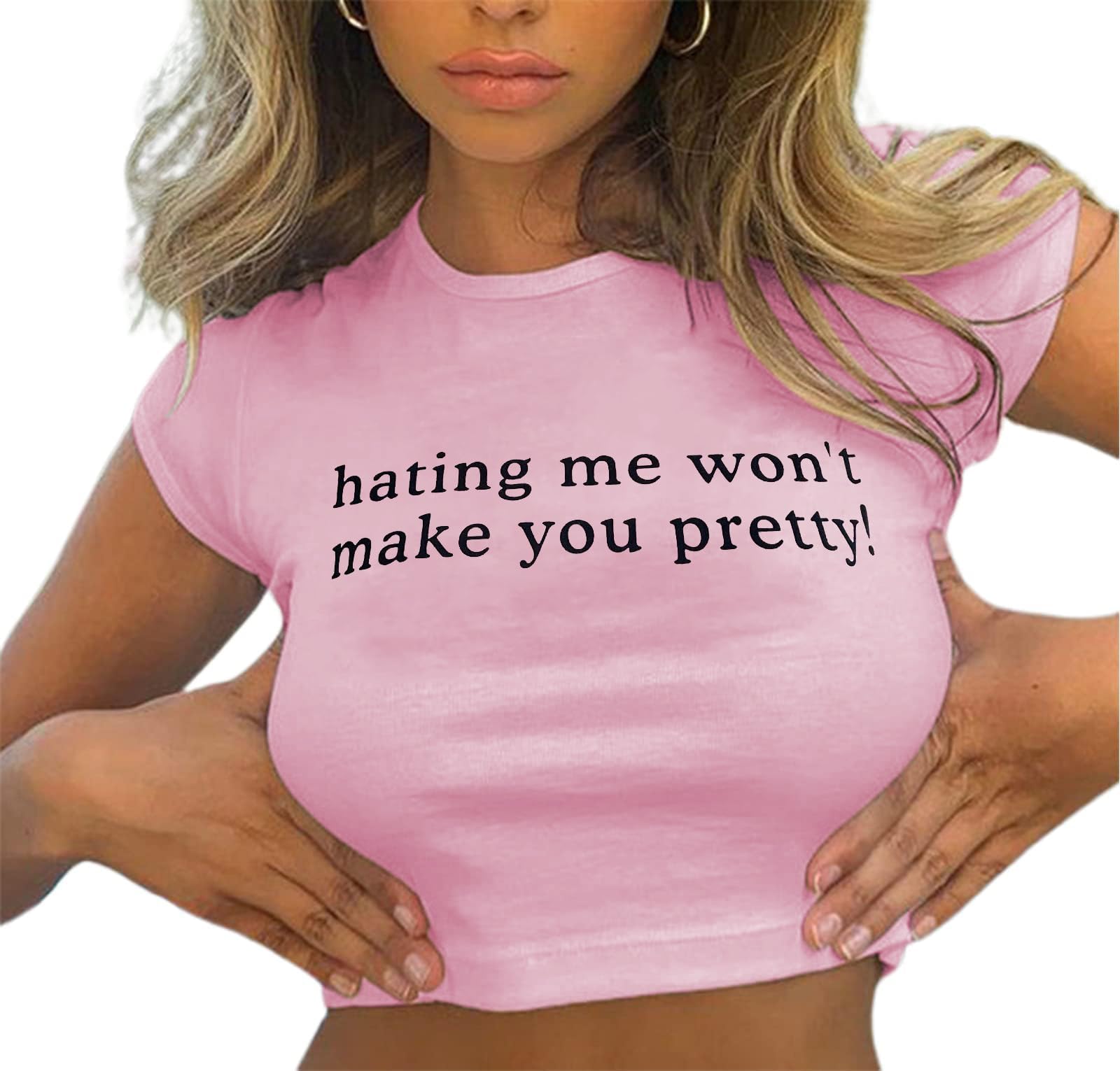 AvanovaWomen's Letter Print Tee Short Sleeve Round Neck Slim Fit Crop Top T Shirt