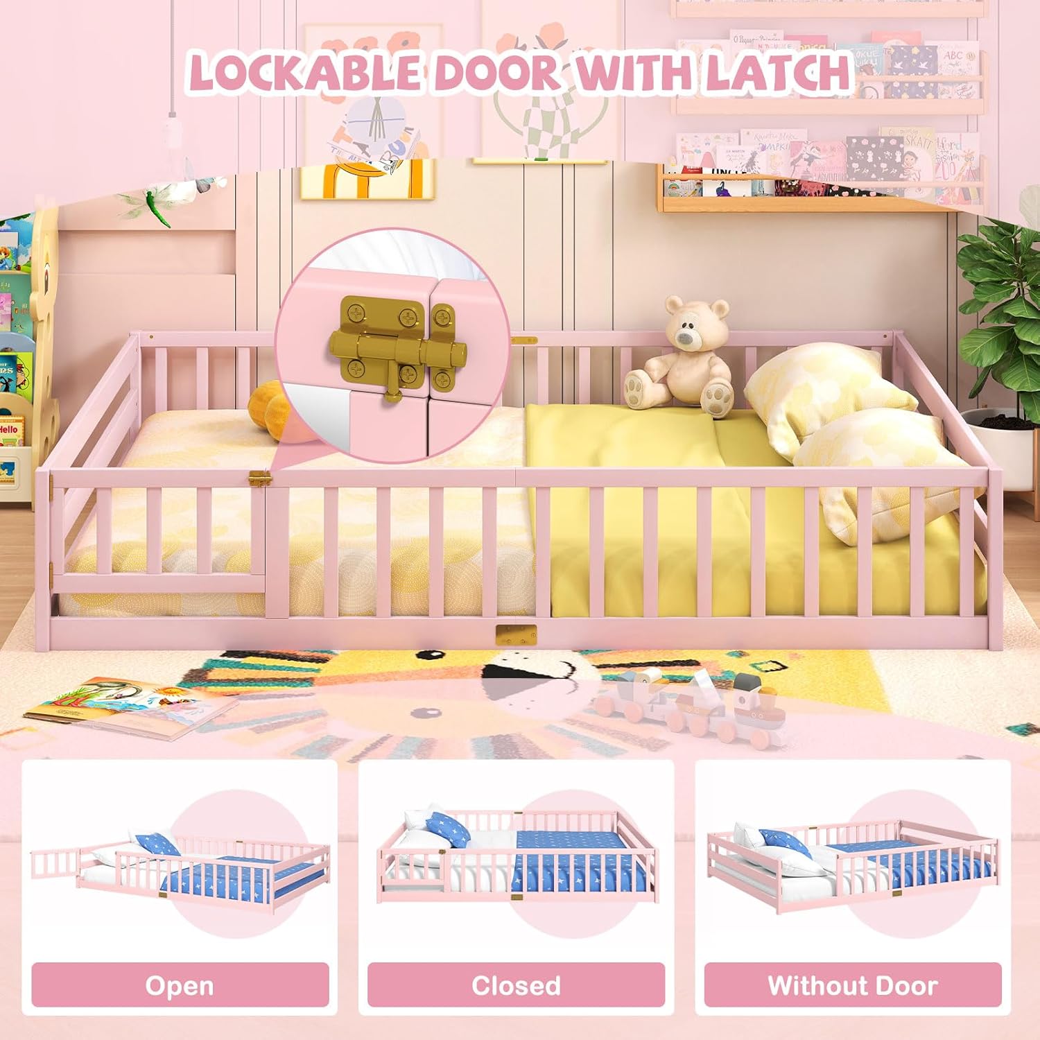 Montessori Floor Bed Queen, Wood Kids Bed Frame with Fence and Door, Queen Size Low Platform with Safety Guardrails, Cute Playhouse Without Slats, for Kids, Girls and Boys (Pink)