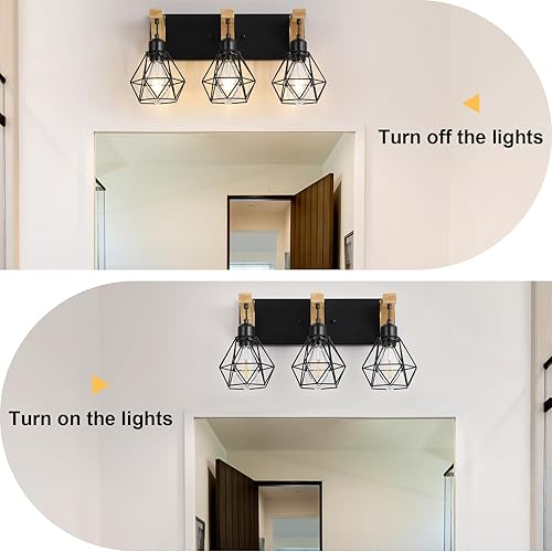 Miniatura 7 de Lámpara de tocador de baño de 3 luces, lámpara de baño de madera, apliques rústicos con elegante pantalla de metal para sala de estar, dormitorio,