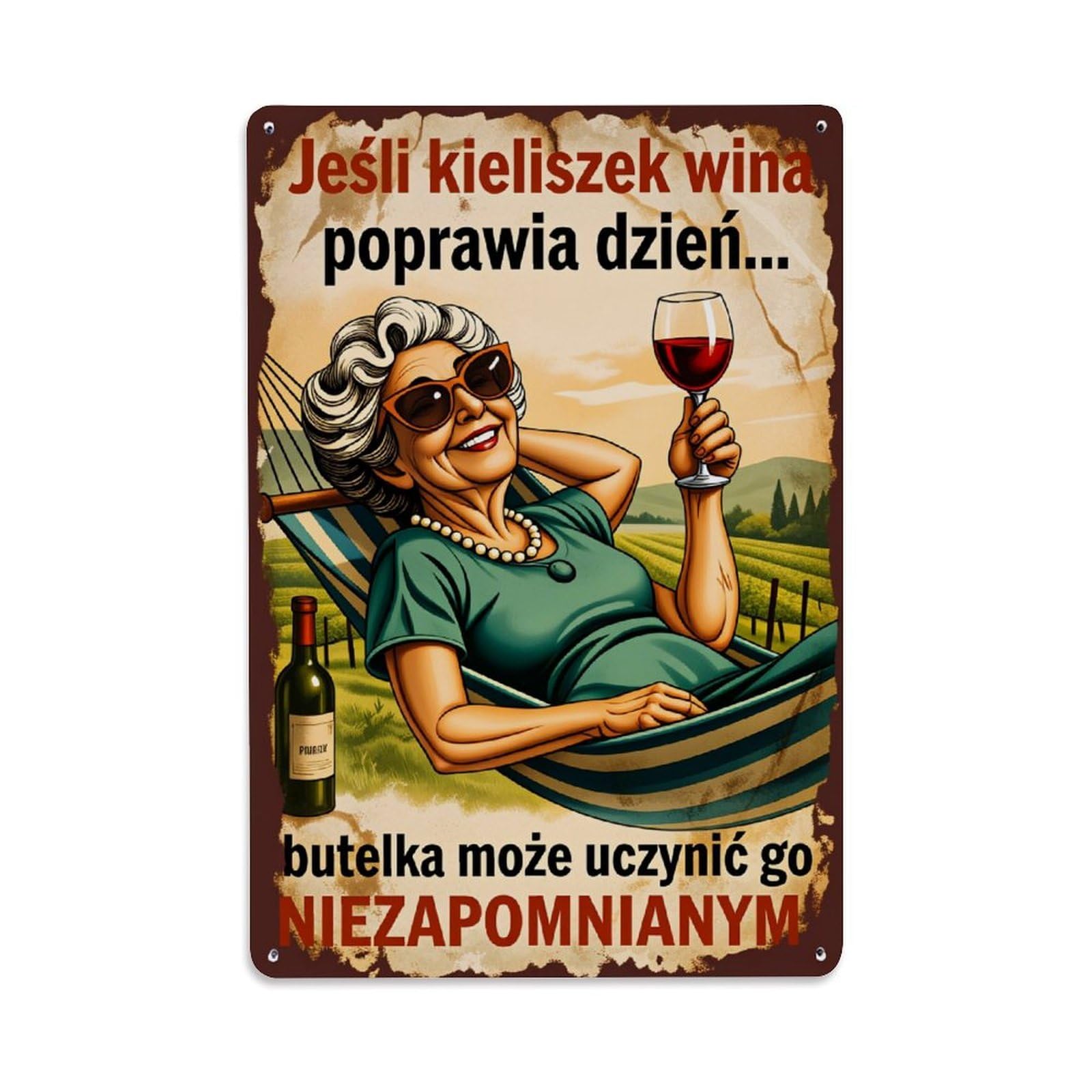 Lzwbntey Vintage Old Woman Wine Glass Hammock Vineyard Metal Tin Sign Retro Wall Decor For Home Bar Garage Cafe, Indoor & Outdoor Decorative Metal Poster, 8X12 Inch