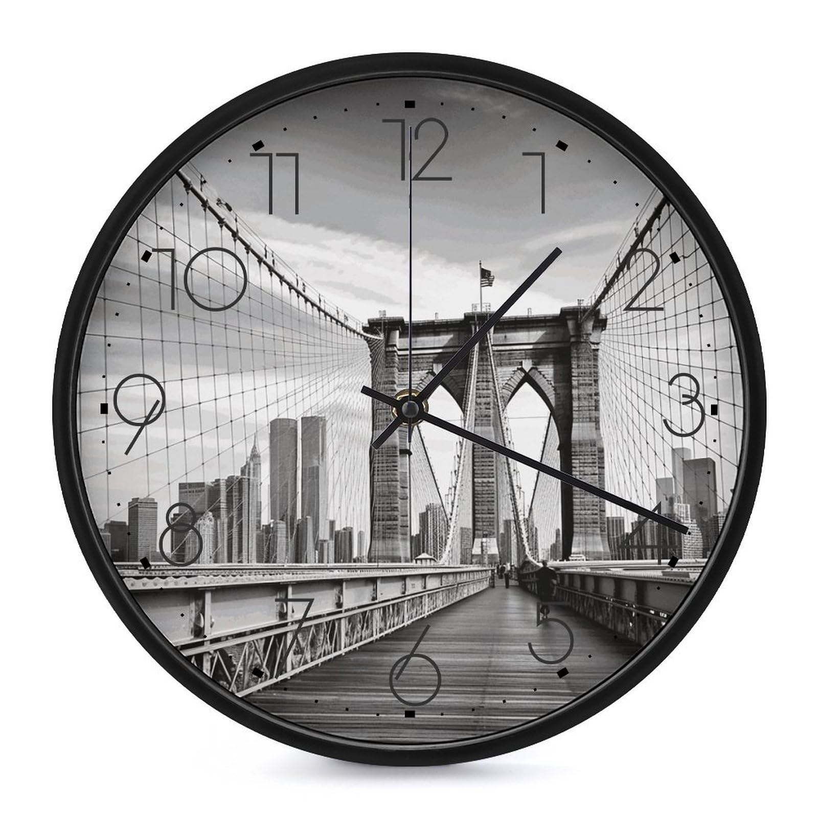 Orologio da parete con ponte di Brooklyn, silenzioso, senza ticchettio, moderno, a batteria, rotondo, analogico, classico, per camera da letto, cucina, ufficio