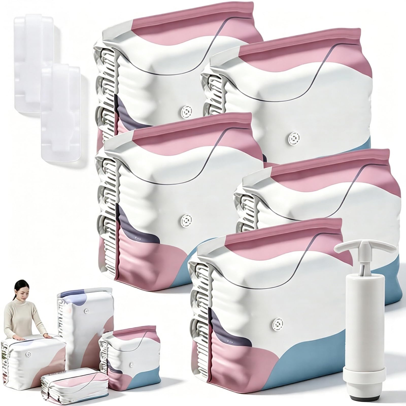 No‑pump Vacuum Storage Bags - 3-Sec Fast Compression, 80% Space Saving, Upgrade Reusable Large 3d Cube Vacuum Seal Bags, Keeps Clothes Dry &amp; Dust‑Free, Press &amp; seal，M/19.7 × 27.6 × 11.8 in：5Pcs