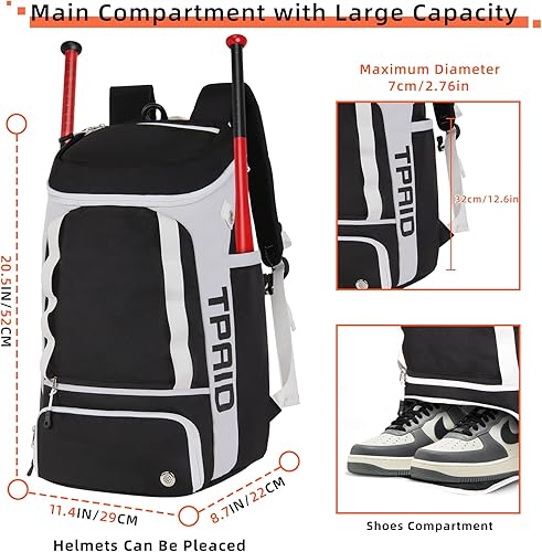 Miniatura 3 de TPAID Baseball Backpack Large Capacity Softball Bag with Shoes Compartment
