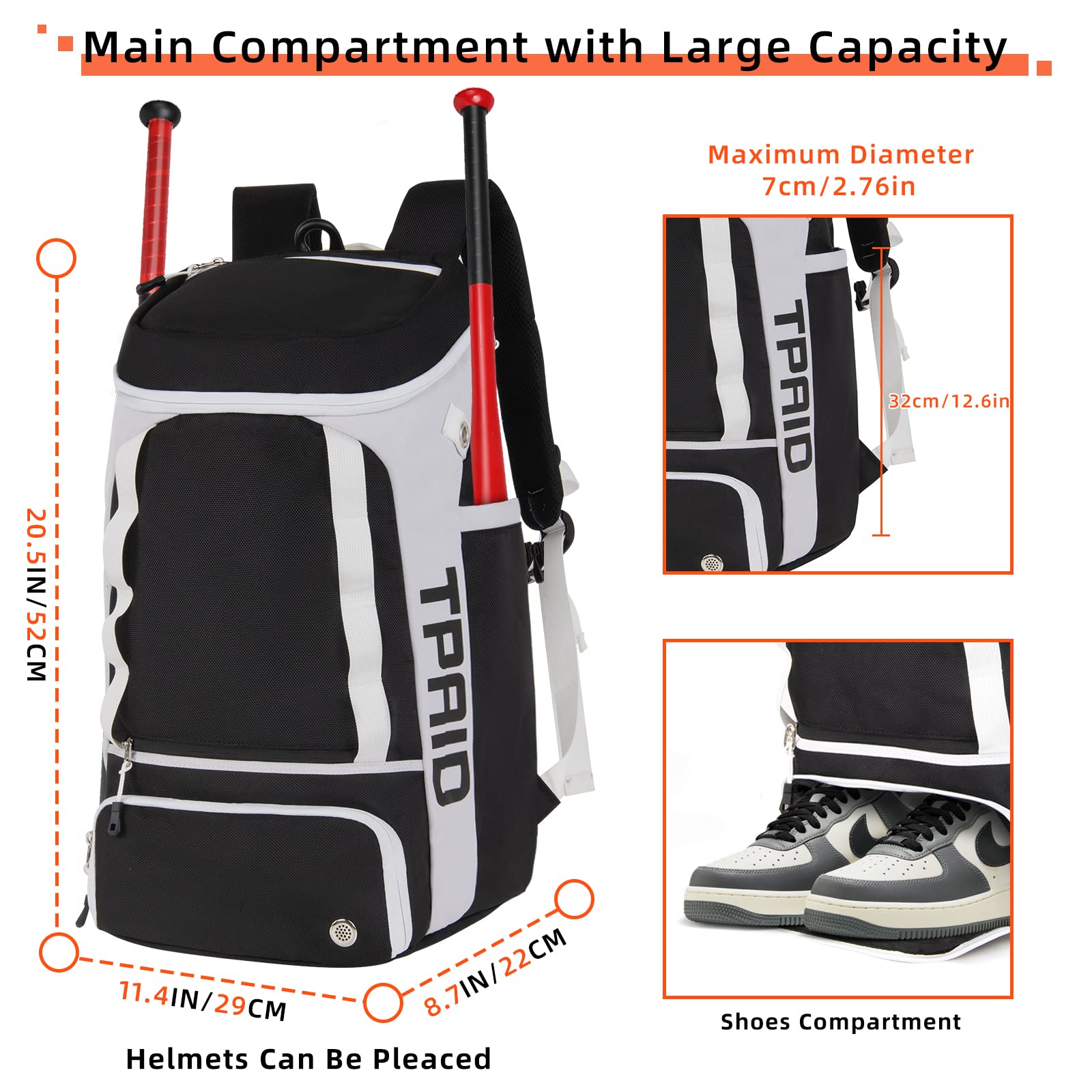 TPAID Baseball-Rucksack, große Kapazität, Softball-Tasche mit Schuhfach und Zaunhaken, leichte Baseballausrüstungstasche für Schläger, Helme, Handschuhe, Hüte, Kleidung, Schuhe