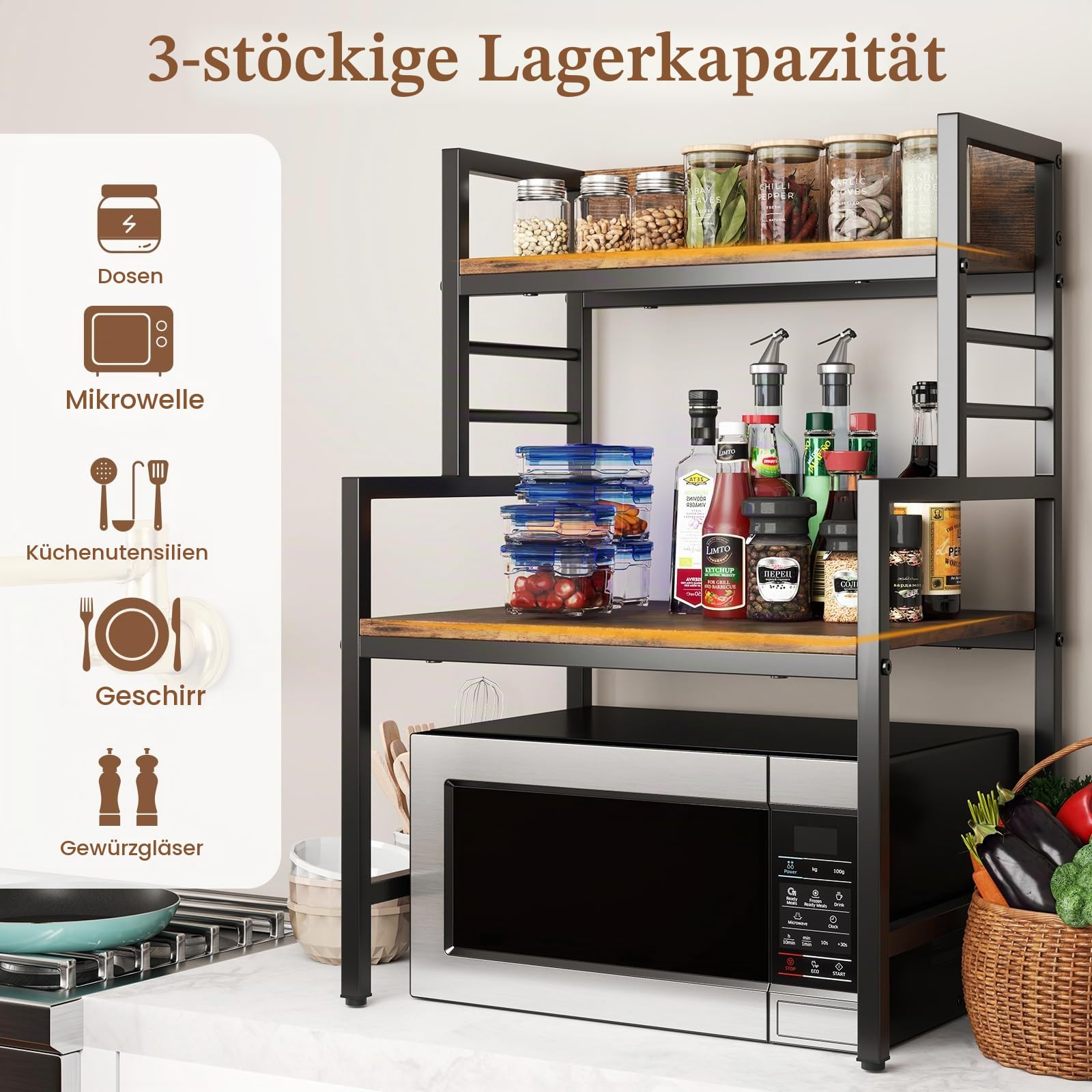 KOMFOTTEU Mikrowellenregal 52x42x78 cm, Küchenregal Mikrowellenhalterung mit verstellbaren Füßen & 2 Kippschutz, platzsparendes Bäckerregal für Töpfe, Pfannen, Teller und Schüsseln, Braun