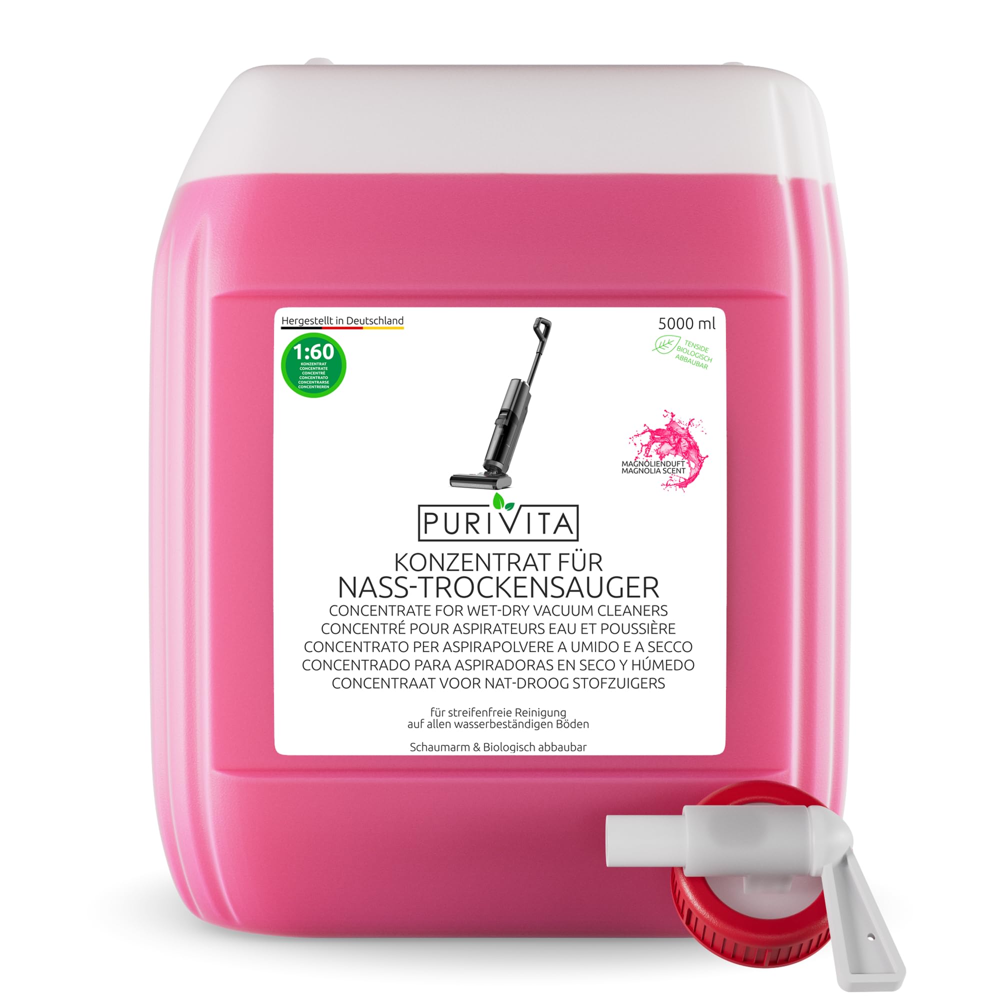 PURIVITA® Saugwischer Reinigungskonzentrat Nasssauger 5L Magnolienduft | Für Waschsauger und Wischroboter: streifenfrei, schnell trocknend, ergiebig, angenehmer Duft
