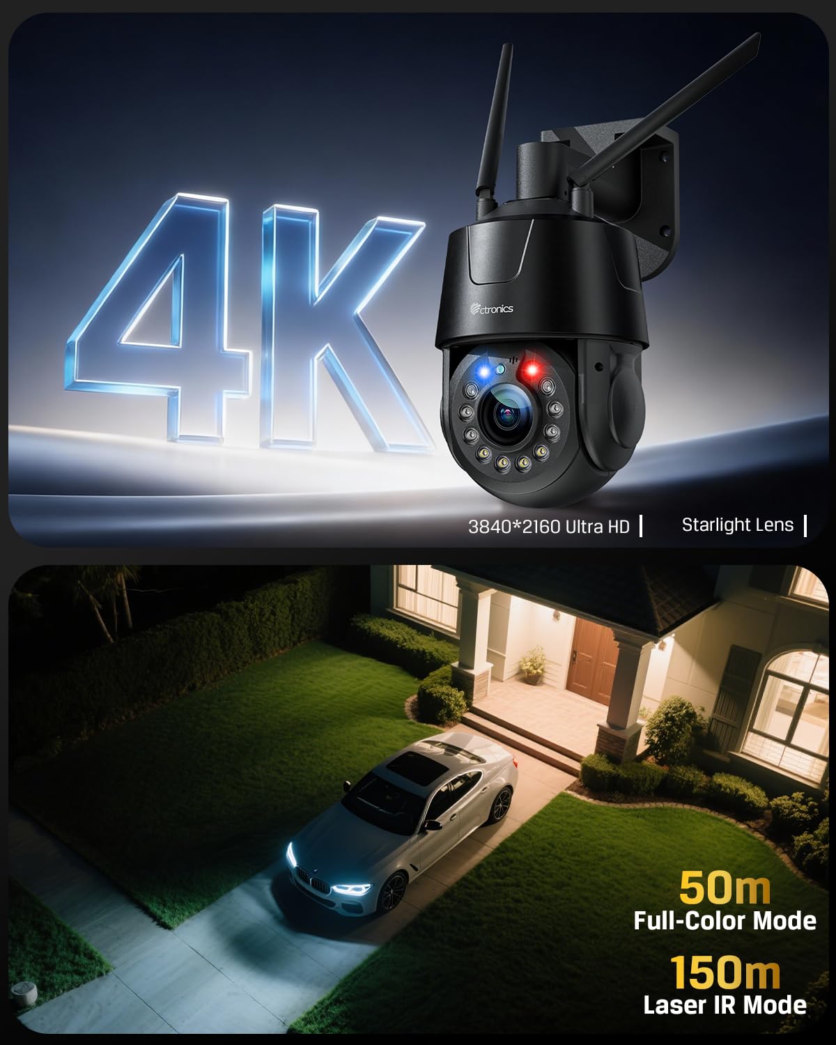 Ctronics 4K 30X Zoom Ottico Telecamera Esterno WiFi, Auto-Tracking/Zoom | Visione Notturna IR 150m/50m Colore, WiFi 5G/2,4GHz, Pattuglie & 32 Preset, TF 256GB/FTP/NVR,Metallo