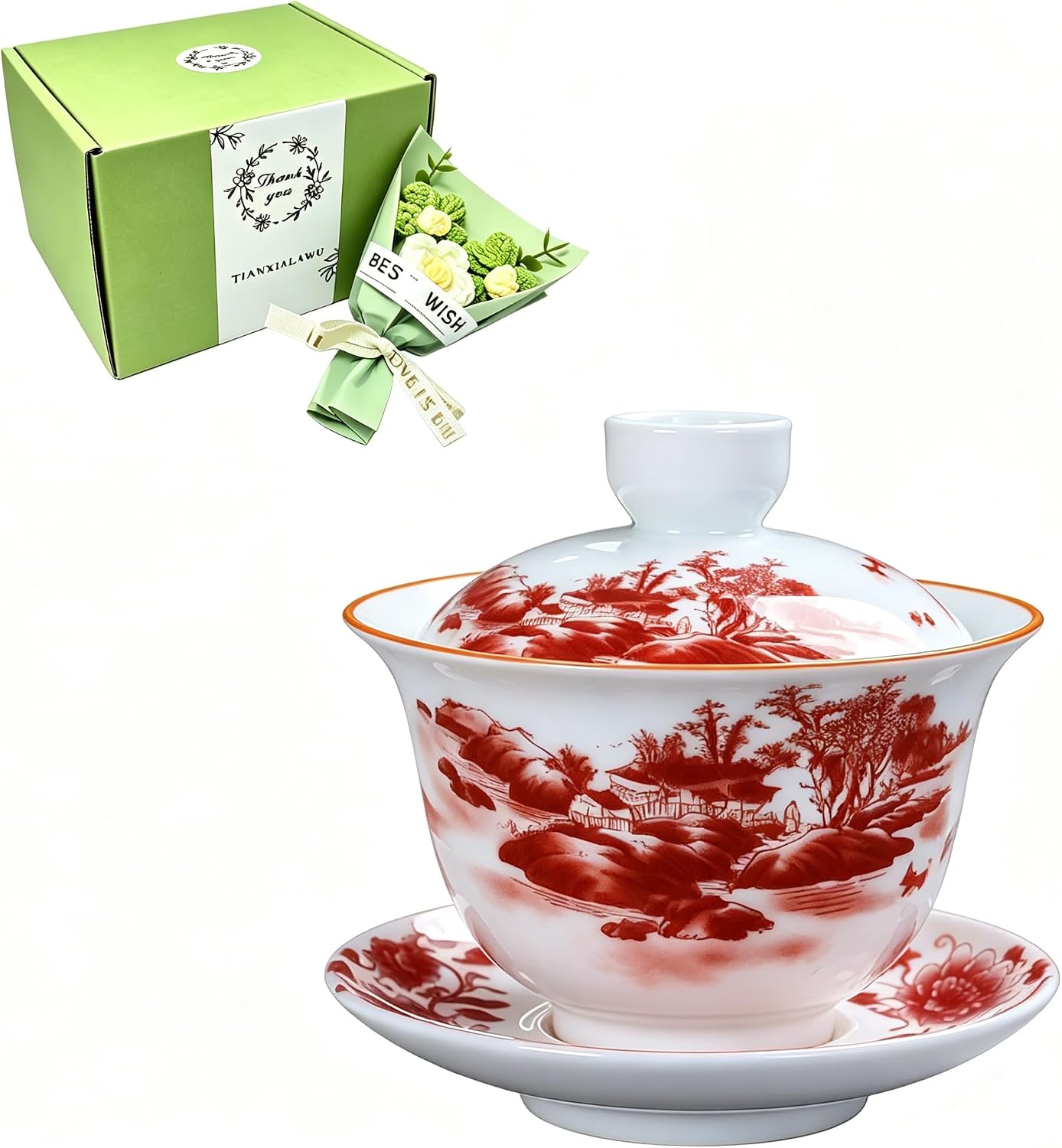 Jingdezhen Chinese Traditional Teaware Gaiwan, 6oz/180ml Large Gaiwan, China Blue and White Porcelain Kung Fu Tea Cup and Saucer with Lid, Handmade Ceramic Teacups Tea Bowl Set（Red）