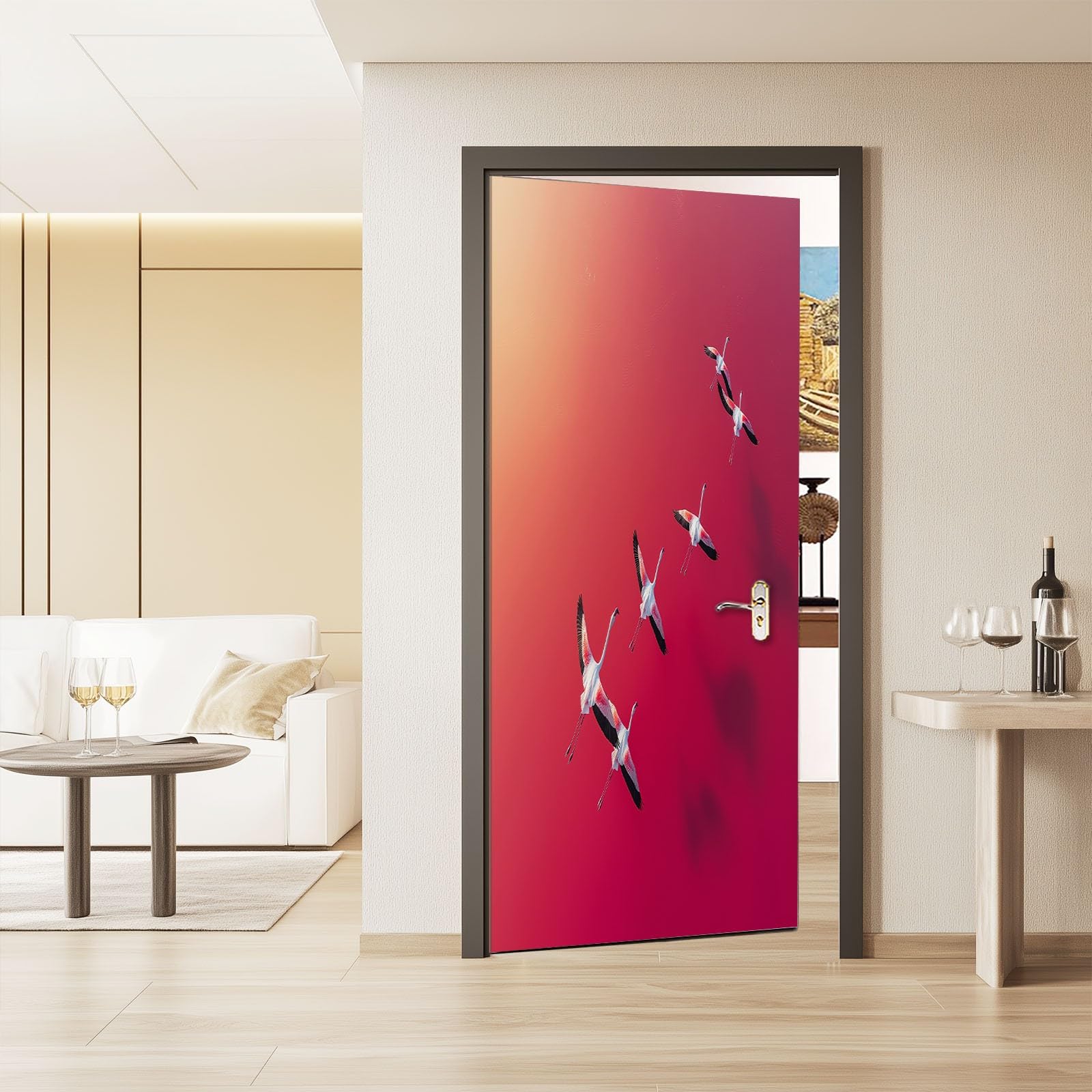 Naklejka 3D na drzwi 90 x 200 cm (szer. x wys.), tapeta na drzwi, obraz ścienny, różowe niebo, jezioro, ptaki, samoprzylepna, PCW, wodoszczelna dekoracja na drzwi, prosty styl, fototapeta do salonu