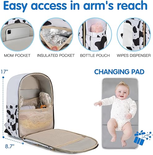 Miniatura 5 de KABAQOO Mochila para pañales de bebé, mochila impermeable para pañales para mamá y papá con cambiador, bolsillos aislados y correas para cochecito,