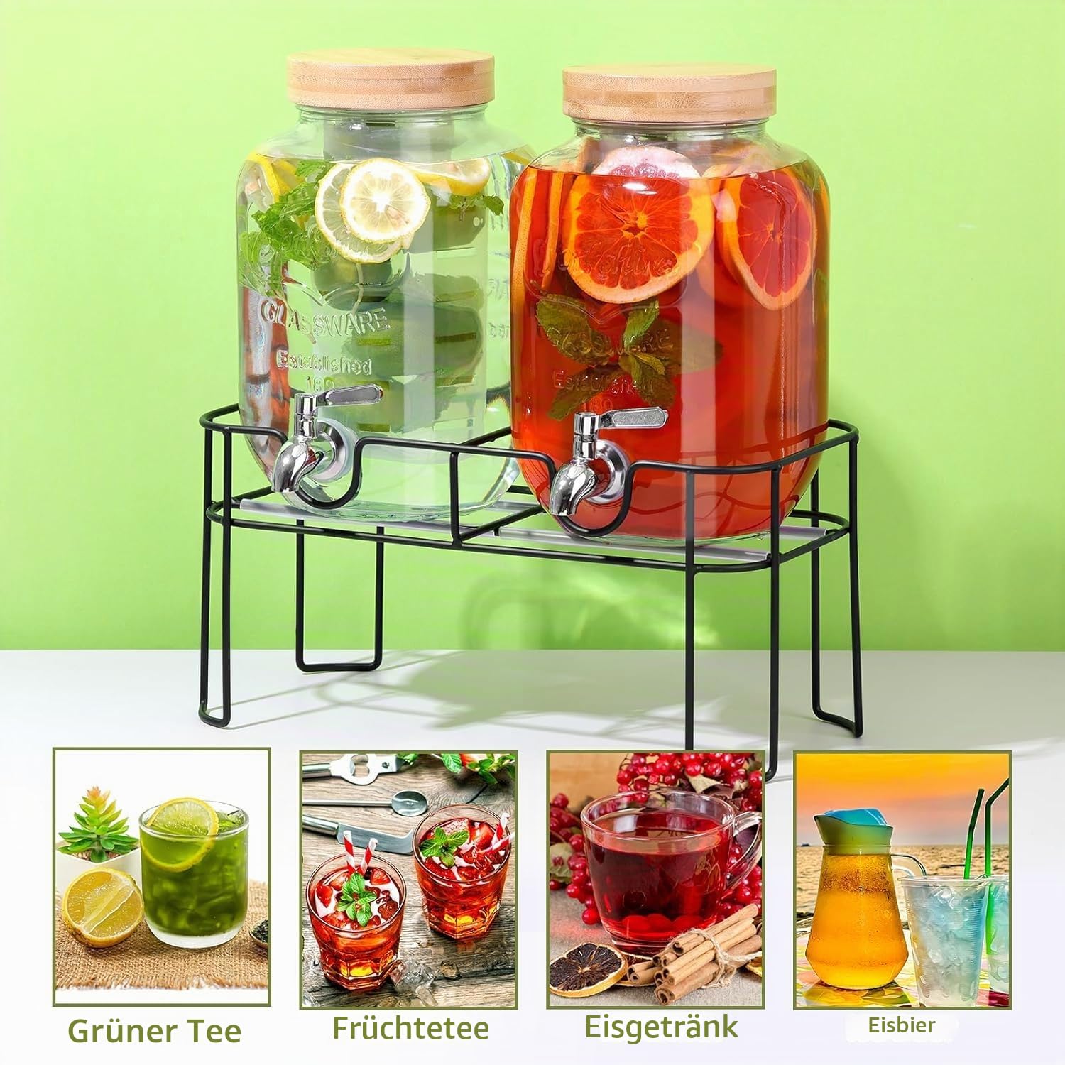 2 x 4-Liter-Getränkespender mit Ständer, Glas-Getränkespender mit Zapfhahn aus massivem Edelstahl für Eistee, Wasser, hausgemachte Getränke, Partys, Hochzeiten