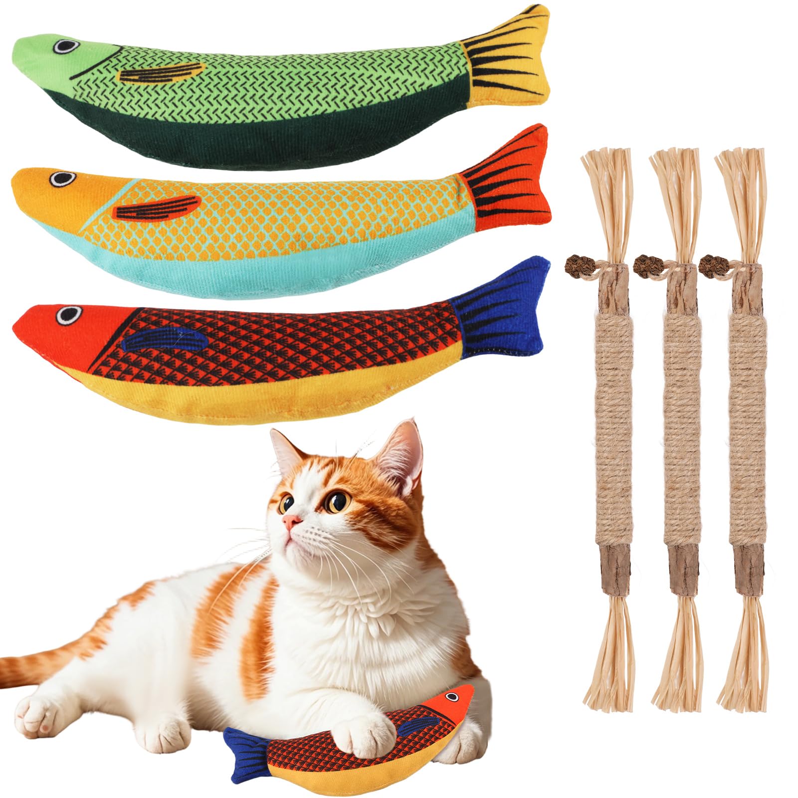 GeeRic 6PCS Catnip Toy, 3Pcs Cat Chew Toy Bite Fish Resistant Catnip Toys with Crinkle Sound+3Pcs Silvervine Sticks, Cat Bite Resistant Catnip Chew Toys, Plush Cartoon Kitten Teething Interactive Toy