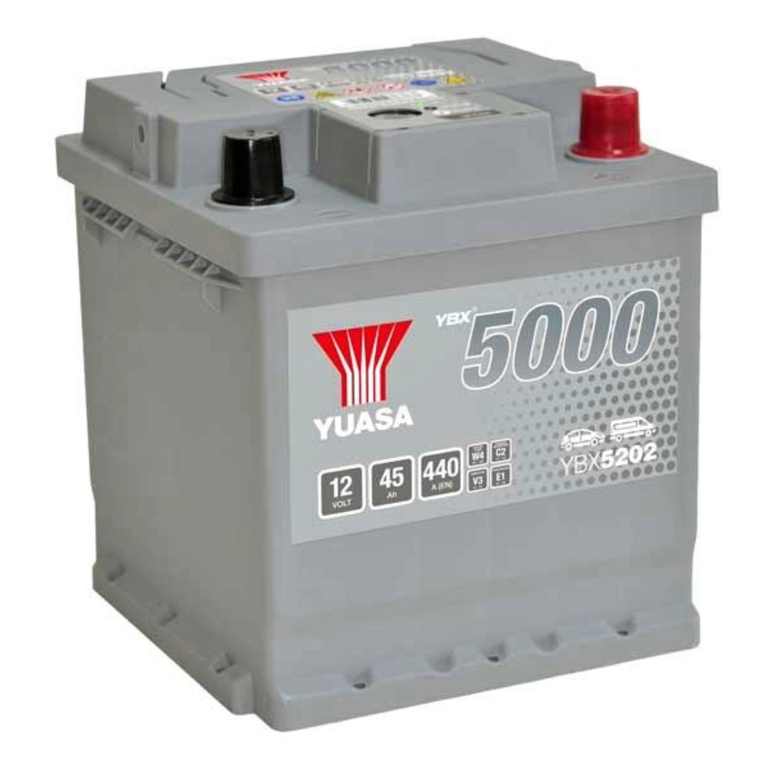 Car Battery YBX5202 Yuasa 002L 440A 45Ah 5Yr WTY 175x175x190 Silver High Perf.