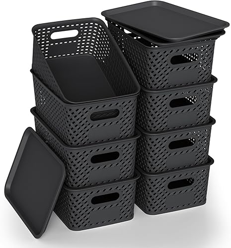 Miniatura 8 de Contenedores de almacenamiento de plástico con tapa, cesta pequeña apilable para organización y contenedores para estantes, cajones, escritorio,