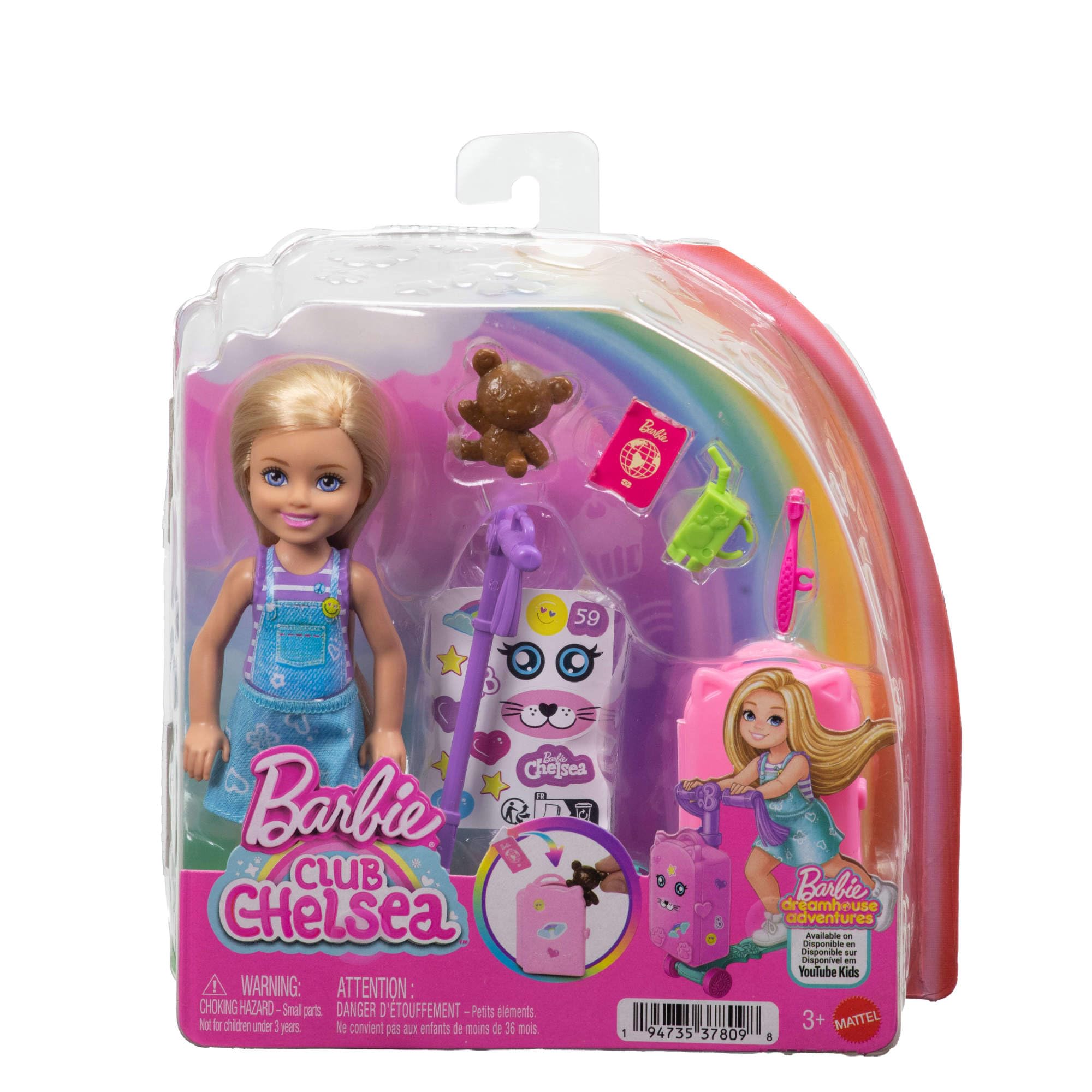 Barbie Club Chelsea Limitless Adventure Blonde Doll, Rolling Scooter-Suitcase and Travel-Themed Accessories, JMJ46