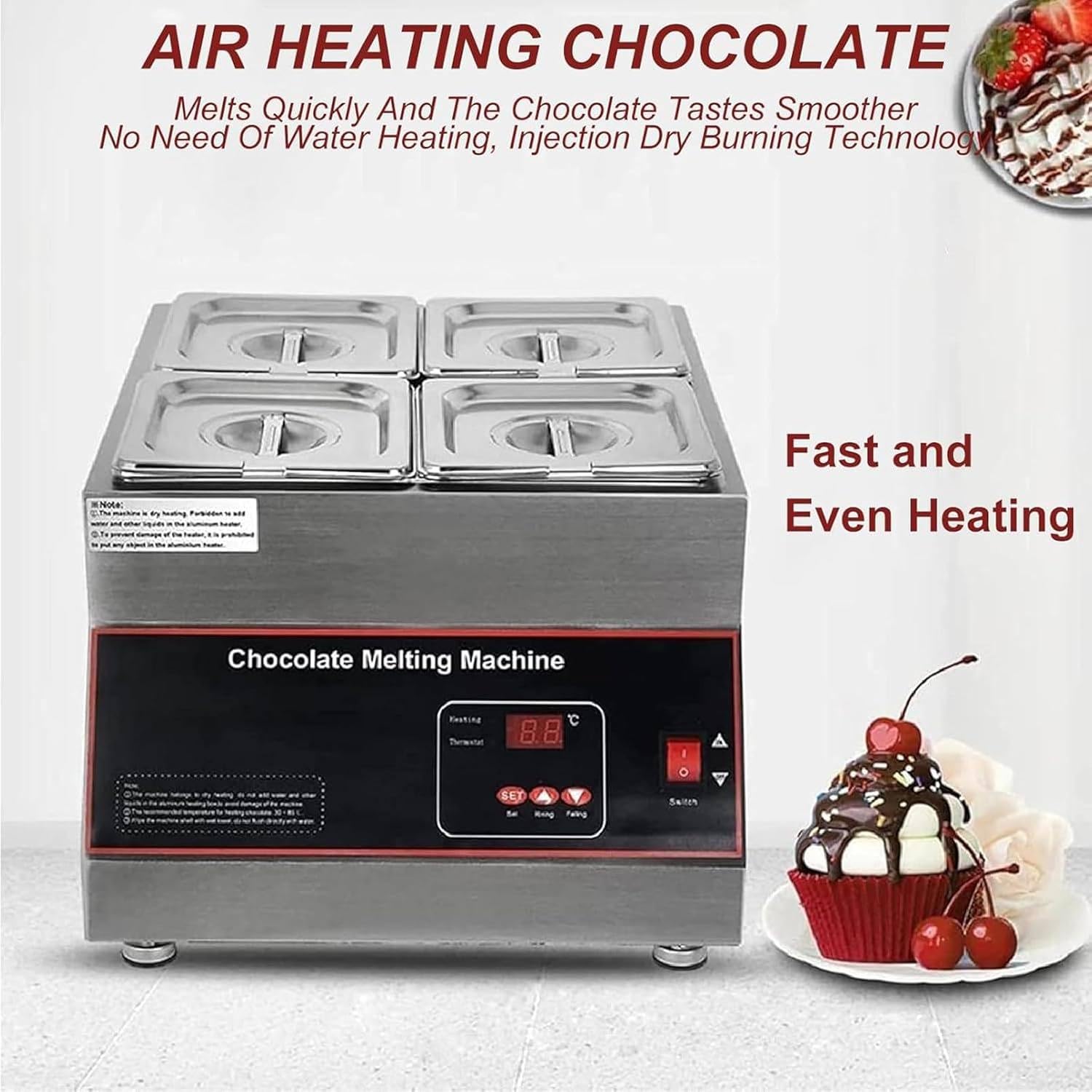 Tempéreuse à Chocolat Commercial Température Fondoir à Chocolat Acier Inoxydable 500w, Réservoirs 1/2/4 pour 12l De Chocolat, pour Chauffer Beurre Crème Lait,4tank
