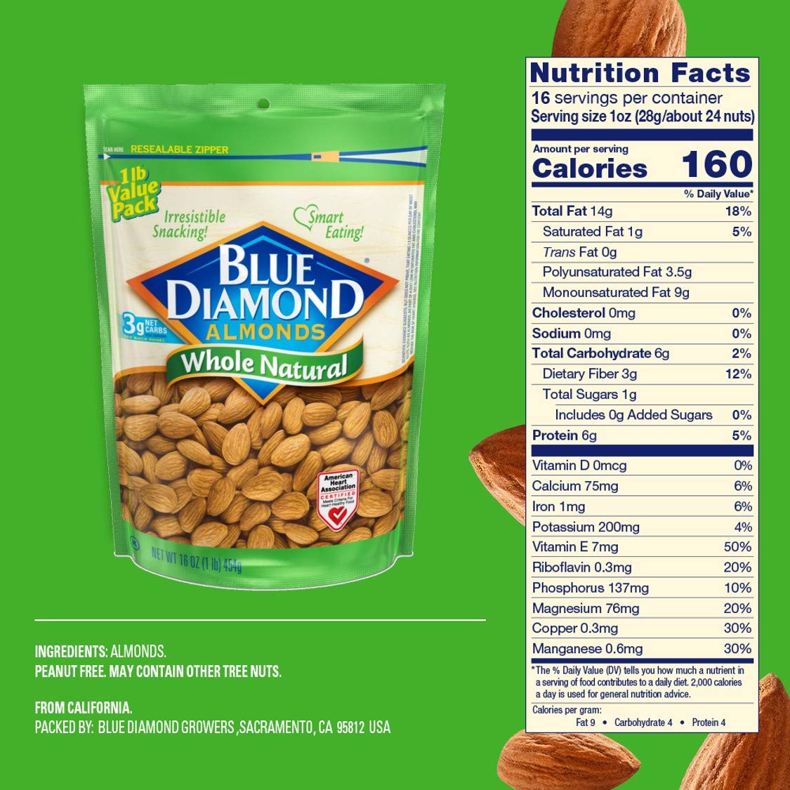 Blue Diamond Gluten Free Almonds, Whole Natural, 16 Ounce