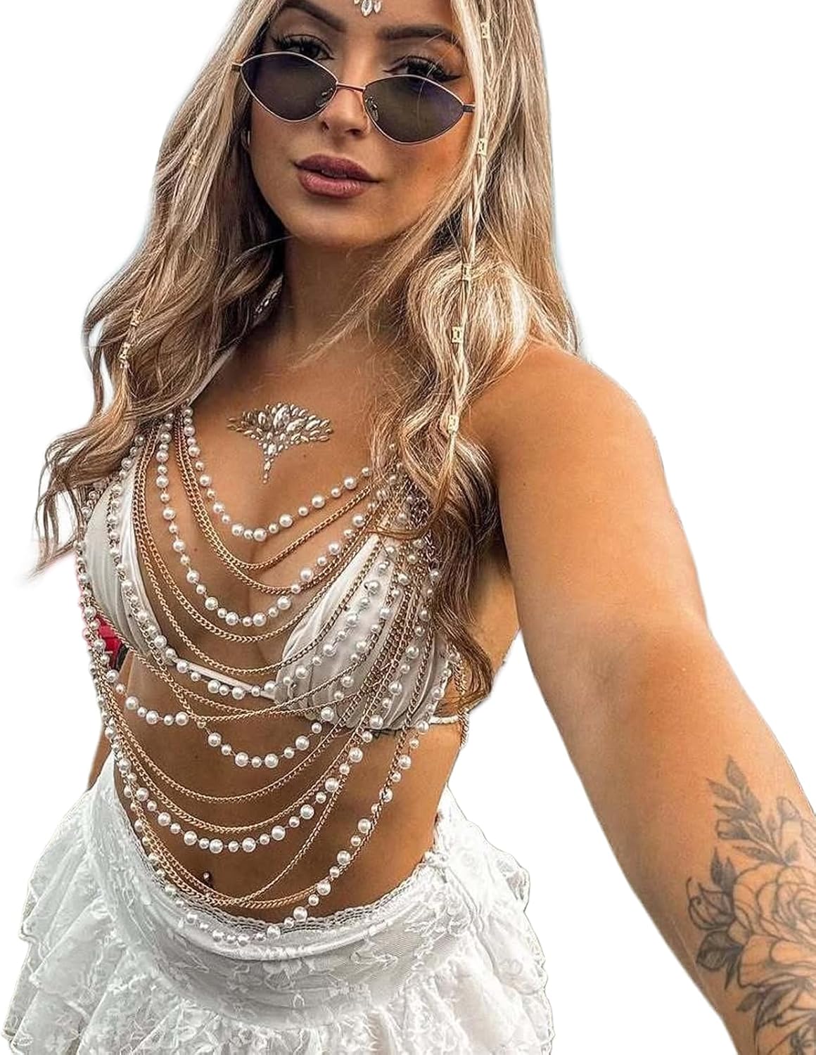 White Pearl Tassel Chest Chain for Women Summer Multi-layered Harness Beaded Bra Chain Festival Rave Pearl Hang Neck Lingerie Chain Body Jewelry - Image 4