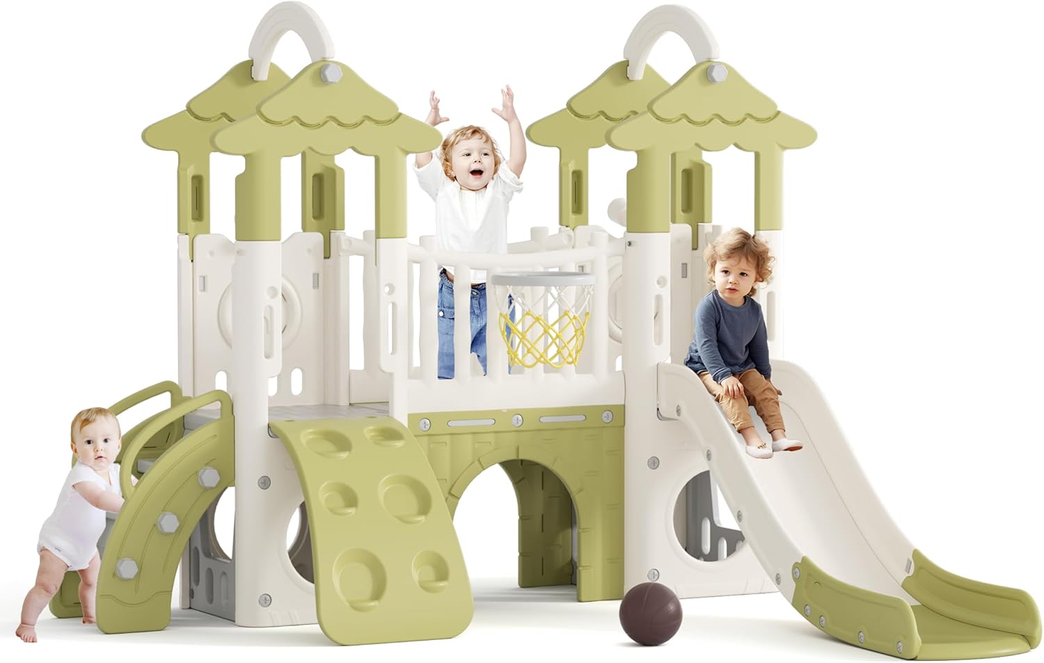 Glaf Toddler Slide 9 in 1 Jungle Slide Outdoor Playset for Toddlers Age 1+ Kids Baby Indoor Playground for Backyards with Climbing Wall Grassroof Basketball Hoop Telescopes and Storage Space (Green)