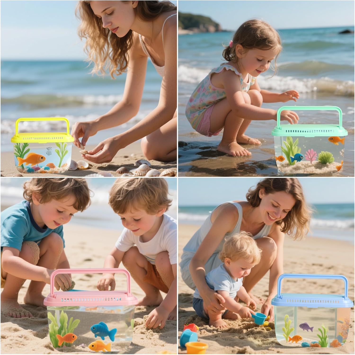 Vodolo Beach Aquarium,4Pcs Fish Transport Container,Fun Travel Portable Fish Tank,Plastic Clear Fish Bucket,Beach Vacation Essentials for Kids,Beach Must Haves Crab Catching Kit