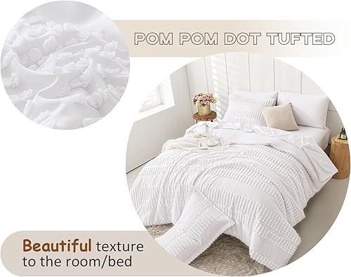 Miniatura 5 de Juego de edredón blanco tamaño King con sábanas, 7 piezas de cama en una bolsa, juego de edredón bohemio con pompones, juego de cama King de