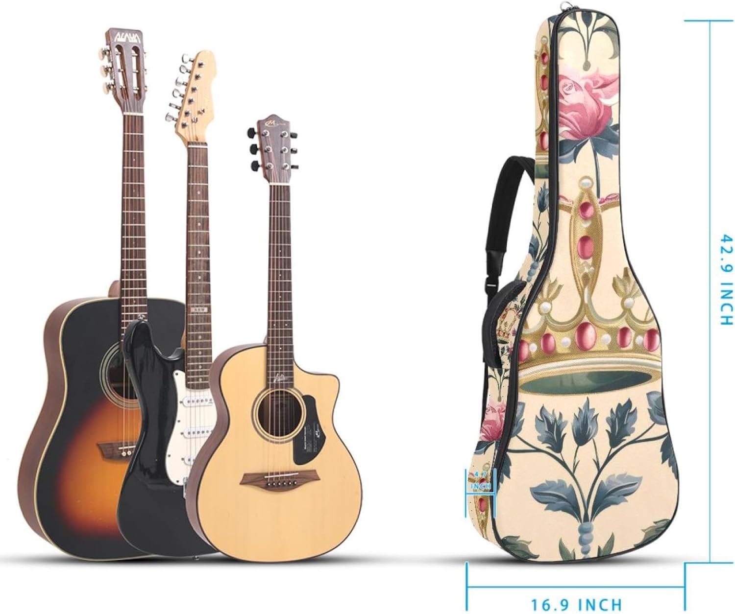 40 41 42 Inch Guitar Bags, Waterproof Padded Acoustic Guitar Case Backpack with Adjustable Shoulder Strap & Pockets, Princess Crown Pink Floral