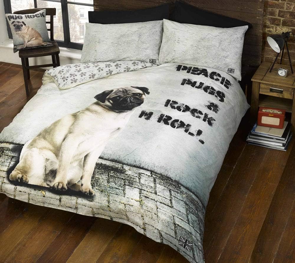 Rapport Home Doghouse Designs Pug Dog Double Quilt Duvet Cover & 2 Pillowcase Bed Set Pooch Puppy, Cotton and Polyester, Multicoloured